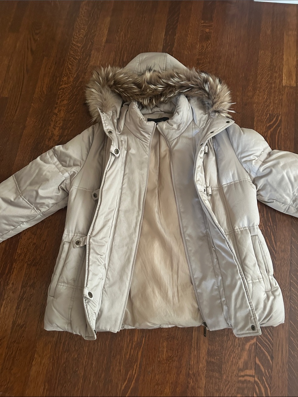 Jones New York Light Taupe Hooded Puffer with Faux-Fur Trim